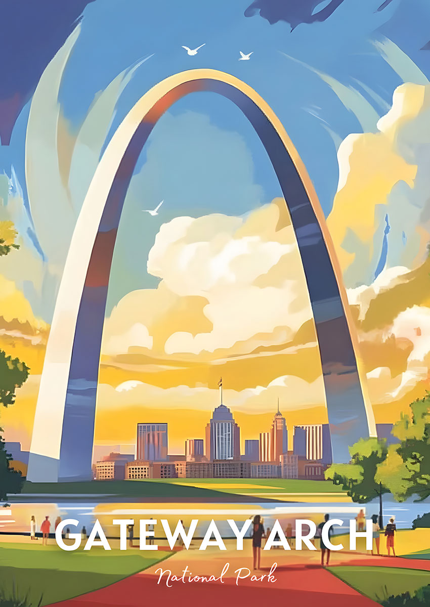 Dramatic artwork of the Gateway Arch against a vibrant sunset sky.